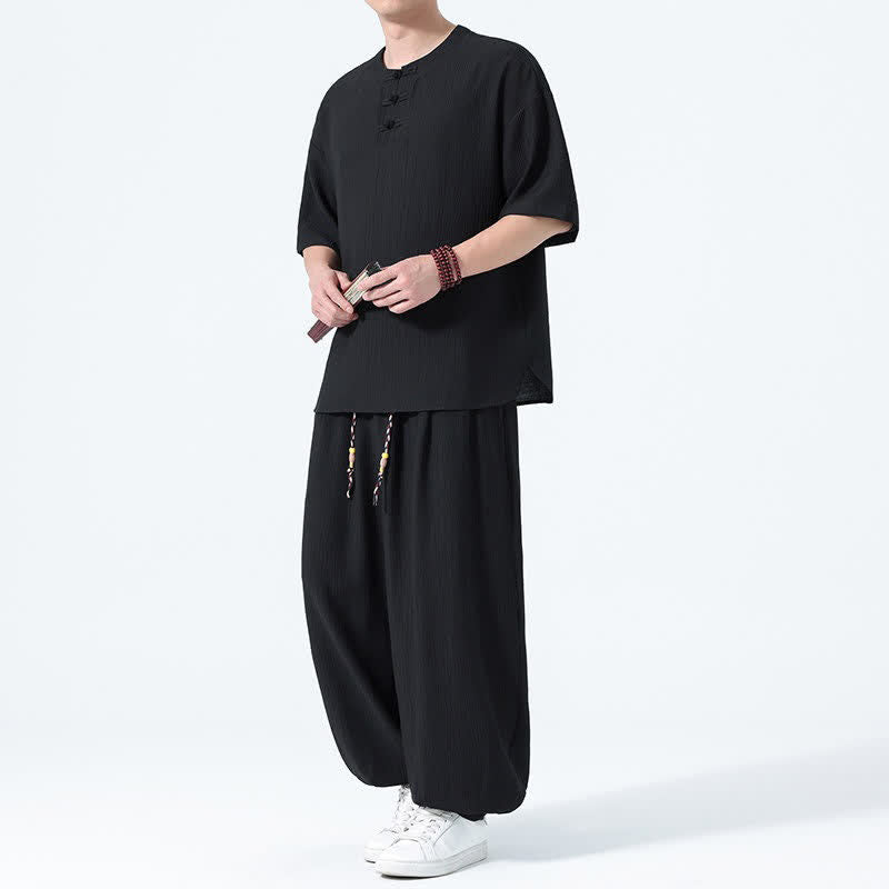 Buddha Stones 夏用唐風カエルボタン無地半袖シャツハーレムパンツメンズ瞑想服ポケット付き2点セット - 黒 - US/UK/AU46、 EU56 (5XL) - image 6
