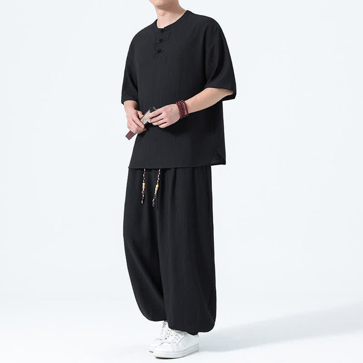 Buddha Stones 夏用唐風カエルボタン無地半袖シャツハーレムパンツメンズ瞑想服ポケット付き2点セット - 黒 - US/UK/AU46、 EU56 (5XL) - image 6