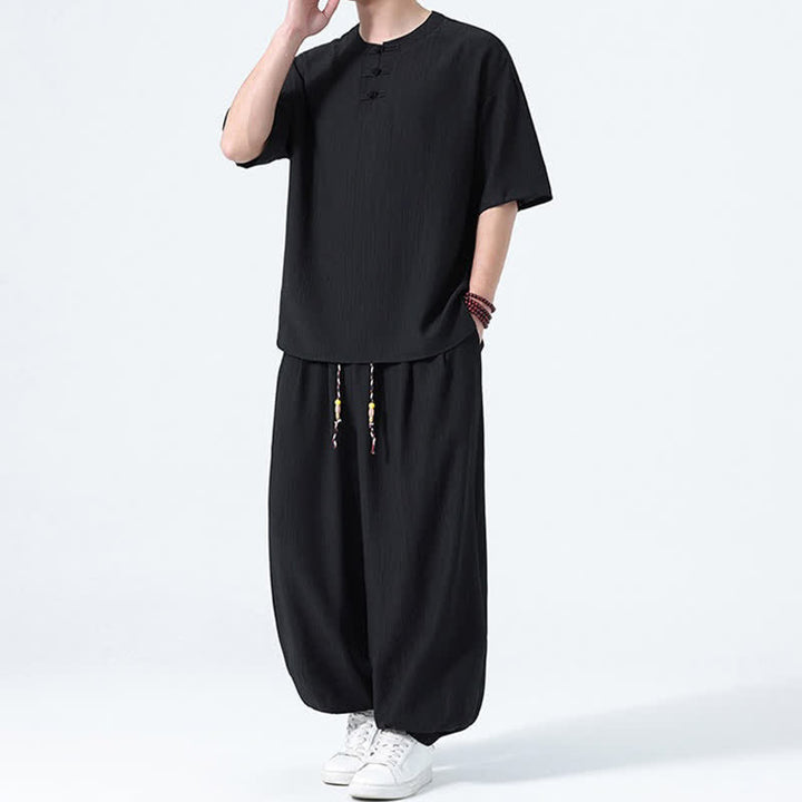 Buddha Stones 夏用唐風カエルボタン無地半袖シャツハーレムパンツメンズ瞑想服ポケット付き2点セット - image 8