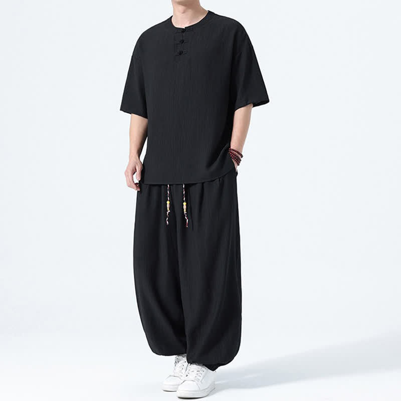 Buddha Stones 夏用唐風カエルボタン無地半袖シャツハーレムパンツメンズ瞑想服ポケット付き2点セット - image 10
