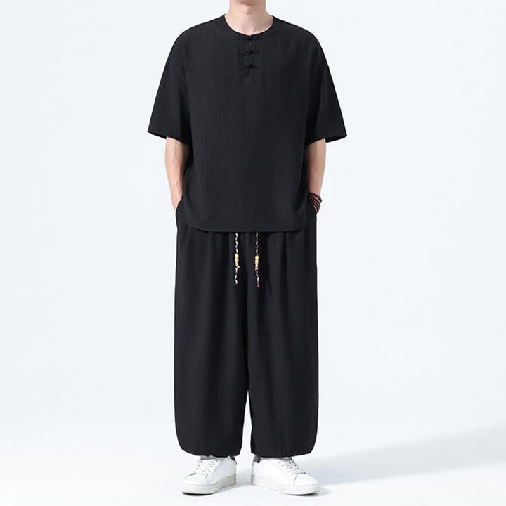 Buddha Stones 夏用唐風カエルボタン無地半袖シャツハーレムパンツメンズ瞑想服ポケット付き2点セット - image 7