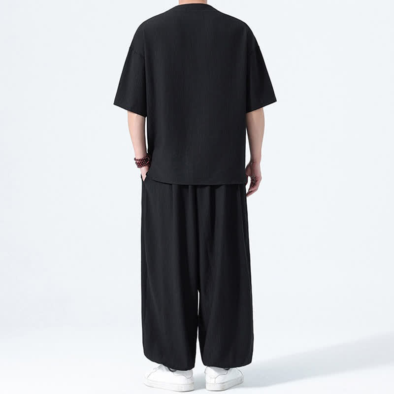 Buddha Stones 夏用唐風カエルボタン無地半袖シャツハーレムパンツメンズ瞑想服ポケット付き2点セット - image 9