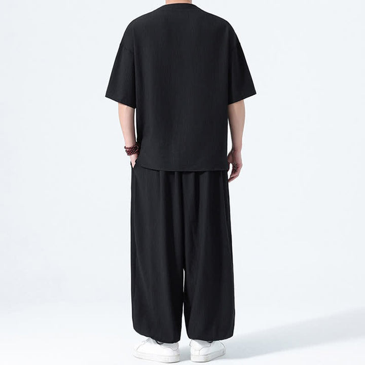 Buddha Stones 夏用唐風カエルボタン無地半袖シャツハーレムパンツメンズ瞑想服ポケット付き2点セット - image 9