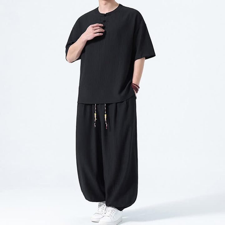 Buddha Stones 夏用唐風カエルボタン無地半袖シャツハーレムパンツメンズ瞑想服ポケット付き2点セット - image 11