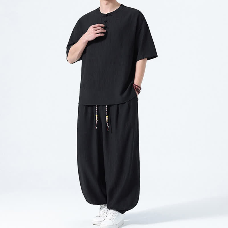 Buddha Stones 夏用唐風カエルボタン無地半袖シャツハーレムパンツメンズ瞑想服ポケット付き2点セット - image 11