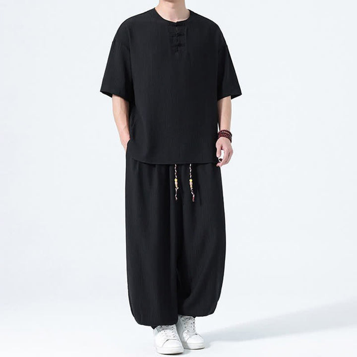 Buddha Stones 夏用唐風カエルボタン無地半袖シャツハーレムパンツメンズ瞑想服ポケット付き2点セット - image 12