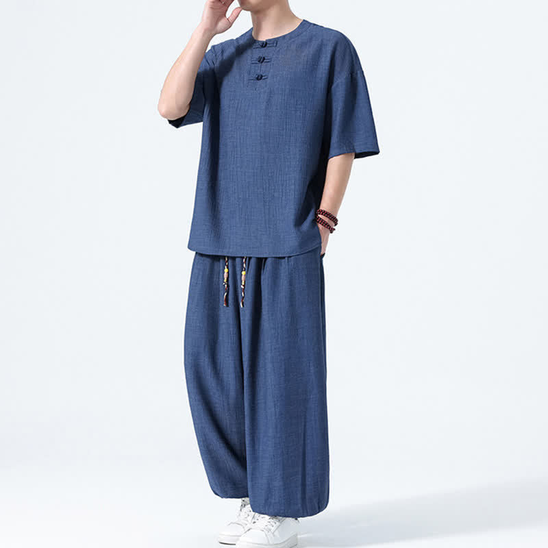 Buddha Stones 夏用唐風カエルボタン無地半袖シャツハーレムパンツメンズ瞑想服ポケット付き2点セット - image 15