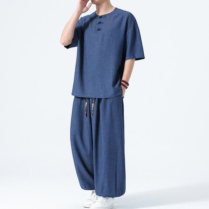 Buddha Stones 夏用唐風カエルボタン無地半袖シャツハーレムパンツメンズ瞑想服ポケット付き2点セット - image 15