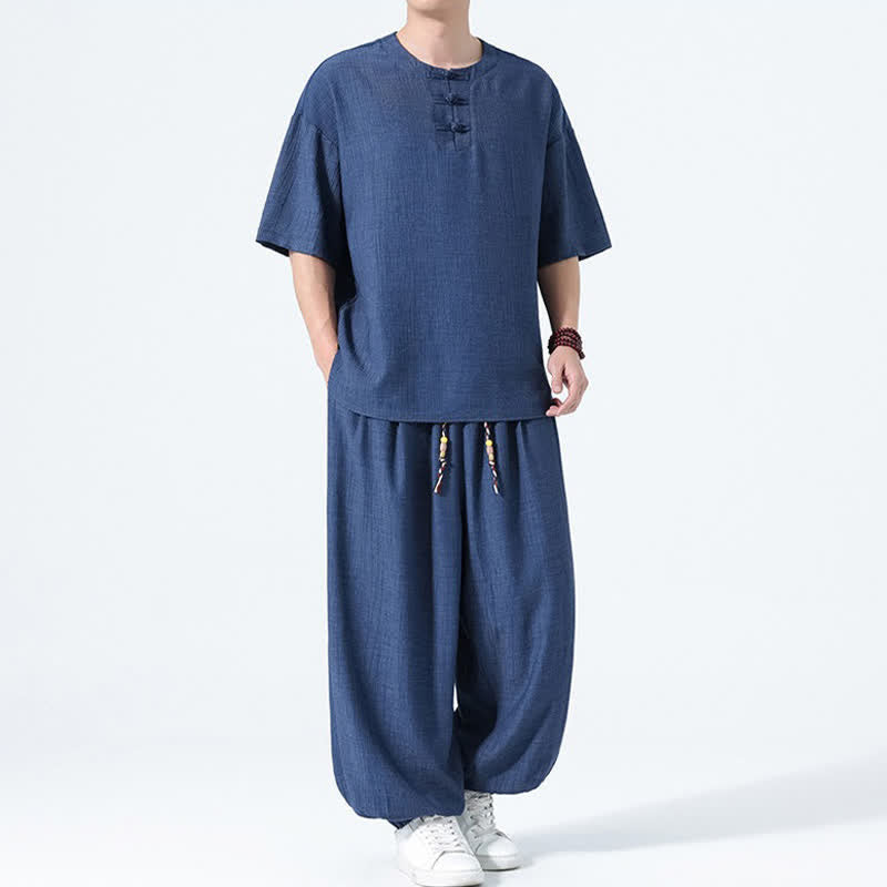 Buddha Stones 夏用唐風カエルボタン無地半袖シャツハーレムパンツメンズ瞑想服ポケット付き2点セット - image 14