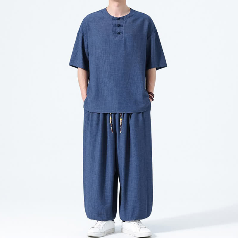 Buddha Stones 夏用唐風カエルボタン無地半袖シャツハーレムパンツメンズ瞑想服ポケット付き2点セット - image 17