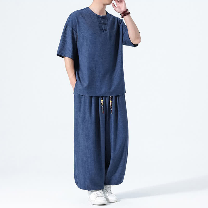 Buddha Stones 夏用唐風カエルボタン無地半袖シャツハーレムパンツメンズ瞑想服ポケット付き2点セット - image 19