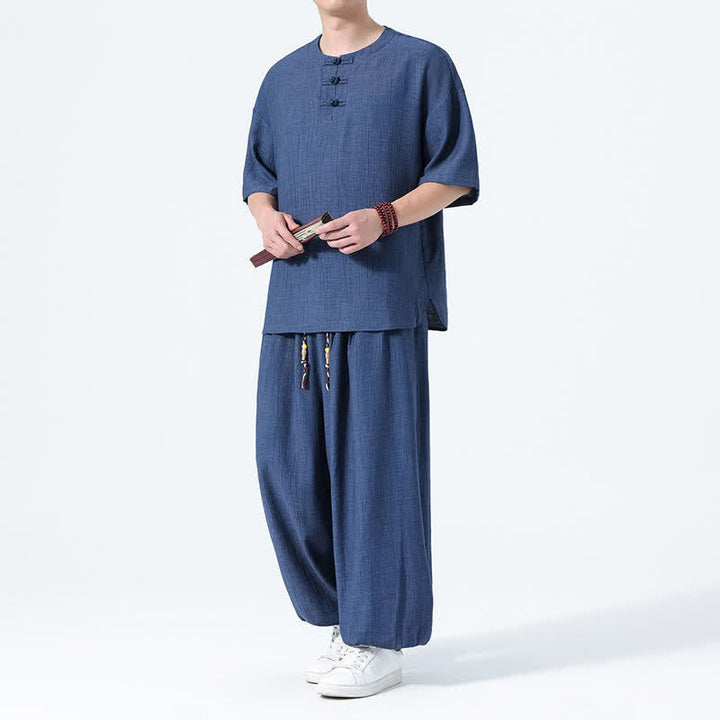 Buddha Stones 夏用唐風カエルボタン無地半袖シャツハーレムパンツメンズ瞑想服ポケット付き2点セット - 海軍 - US/UK/AU46、 EU56 (5XL) - image 13