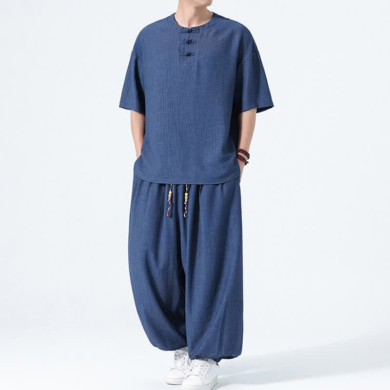 Buddha Stones 夏用唐風カエルボタン無地半袖シャツハーレムパンツメンズ瞑想服ポケット付き2点セット - image 18