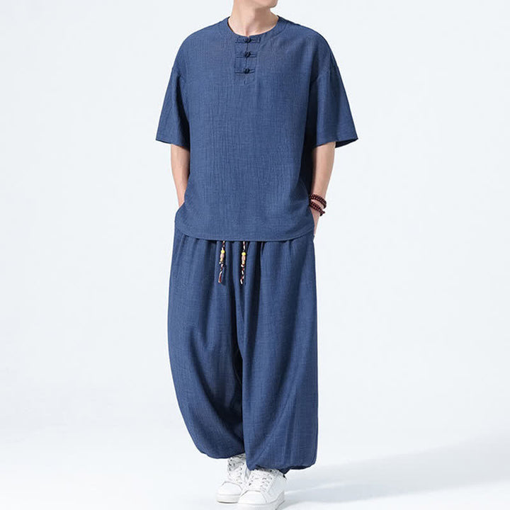 Buddha Stones 夏用唐風カエルボタン無地半袖シャツハーレムパンツメンズ瞑想服ポケット付き2点セット - image 18