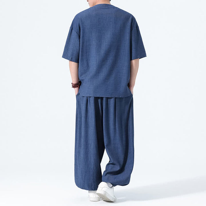 Buddha Stones 夏用唐風カエルボタン無地半袖シャツハーレムパンツメンズ瞑想服ポケット付き2点セット - image 16