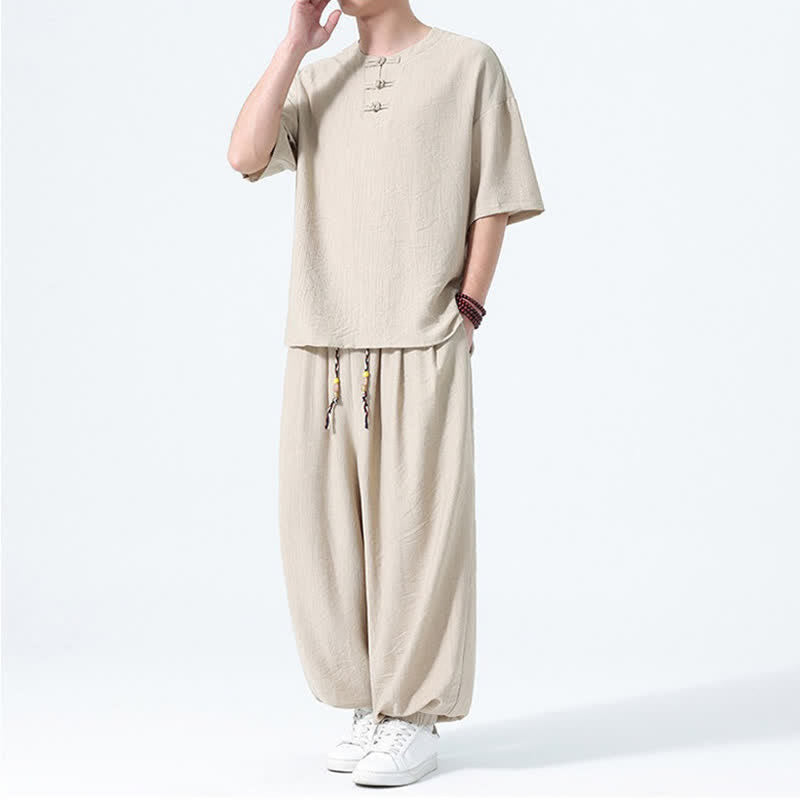 Buddha Stones 夏用唐風カエルボタン無地半袖シャツハーレムパンツメンズ瞑想服ポケット付き2点セット - image 22