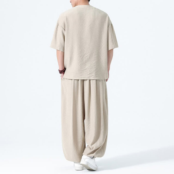 Buddha Stones 夏用唐風カエルボタン無地半袖シャツハーレムパンツメンズ瞑想服ポケット付き2点セット - image 23