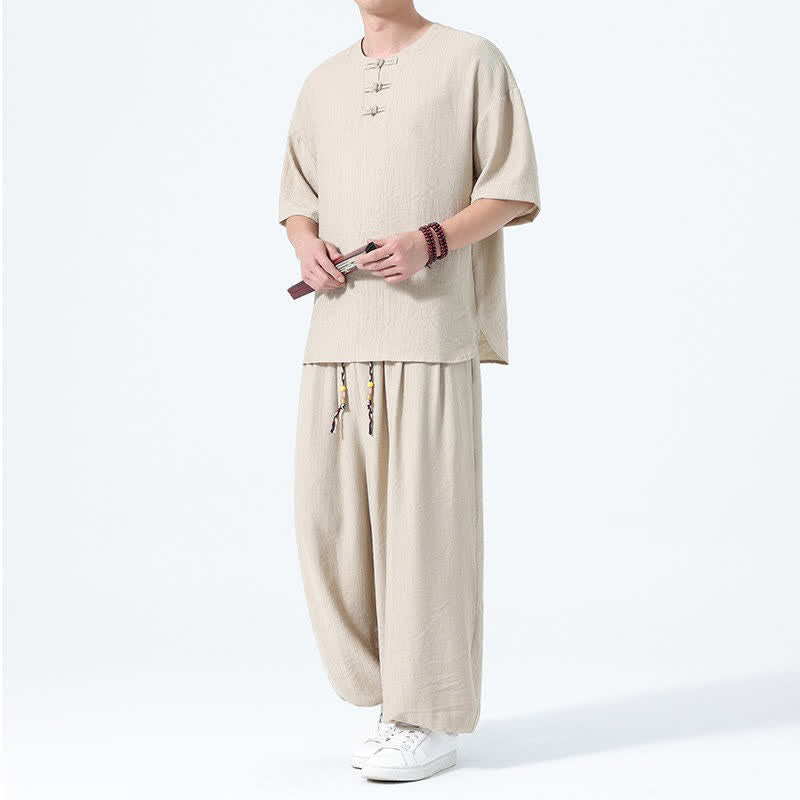 Buddha Stones 夏用唐風カエルボタン無地半袖シャツハーレムパンツメンズ瞑想服ポケット付き2点セット - 小麦 - US/UK/AU46、 EU56 (5XL) - image 20