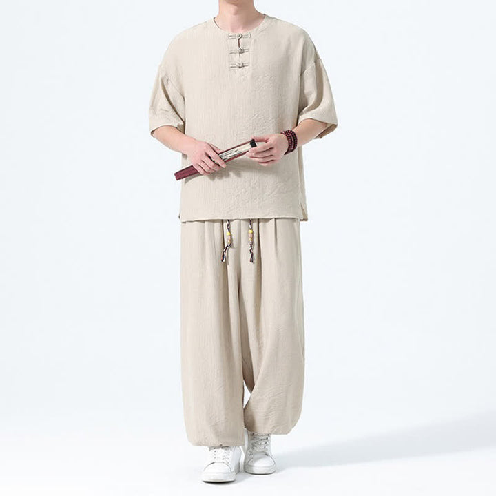 Buddha Stones 夏用唐風カエルボタン無地半袖シャツハーレムパンツメンズ瞑想服ポケット付き2点セット - image 26