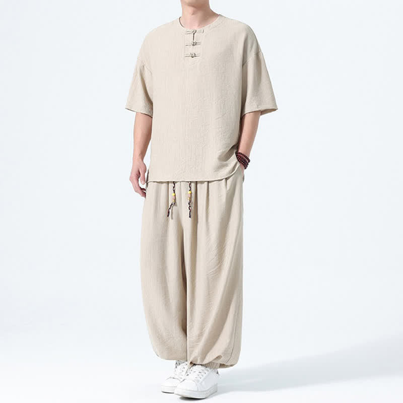 Buddha Stones 夏用唐風カエルボタン無地半袖シャツハーレムパンツメンズ瞑想服ポケット付き2点セット - image 24