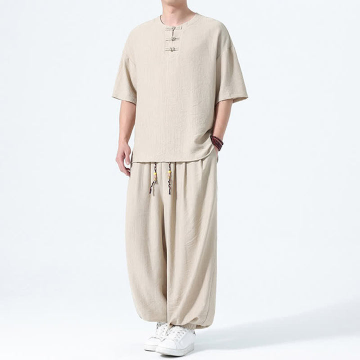 Buddha Stones 夏用唐風カエルボタン無地半袖シャツハーレムパンツメンズ瞑想服ポケット付き2点セット - image 24