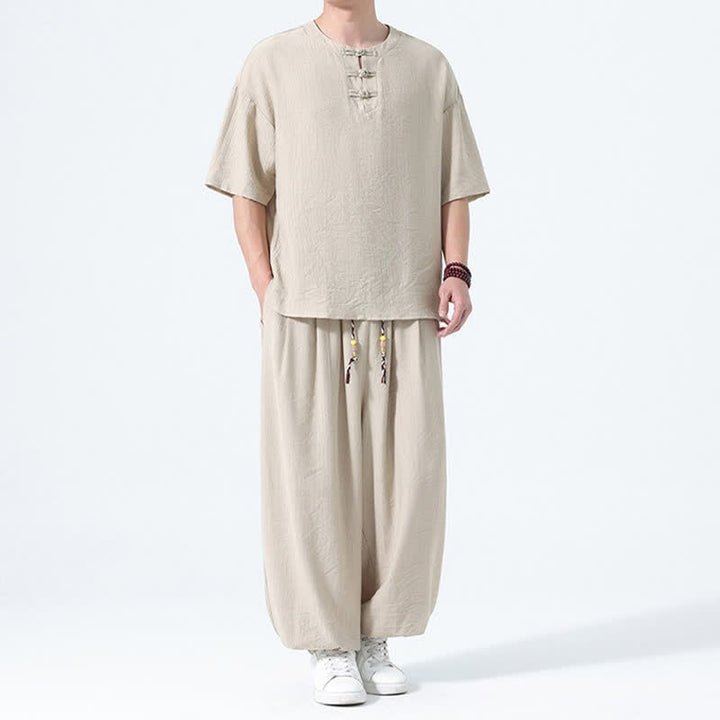 Buddha Stones 夏用唐風カエルボタン無地半袖シャツハーレムパンツメンズ瞑想服ポケット付き2点セット - image 21