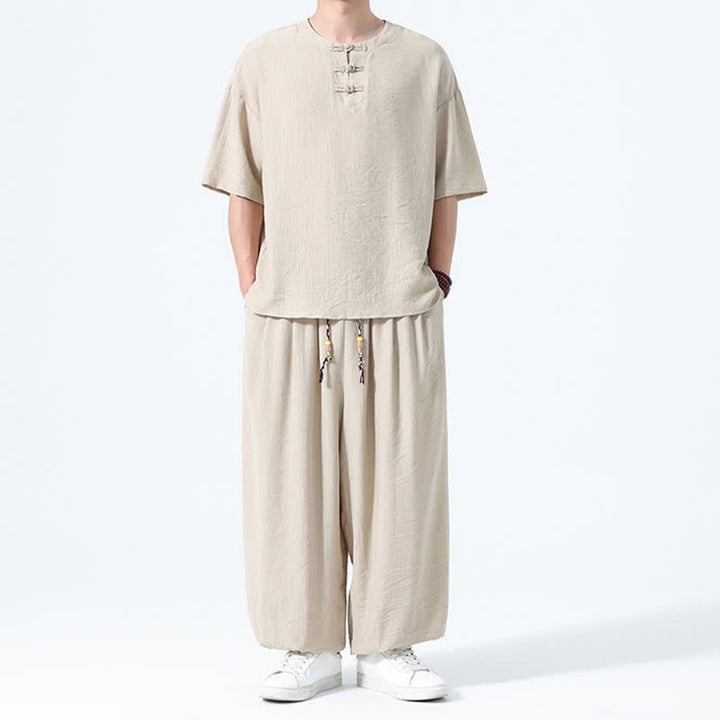 Buddha Stones 夏用唐風カエルボタン無地半袖シャツハーレムパンツメンズ瞑想服ポケット付き2点セット - image 25