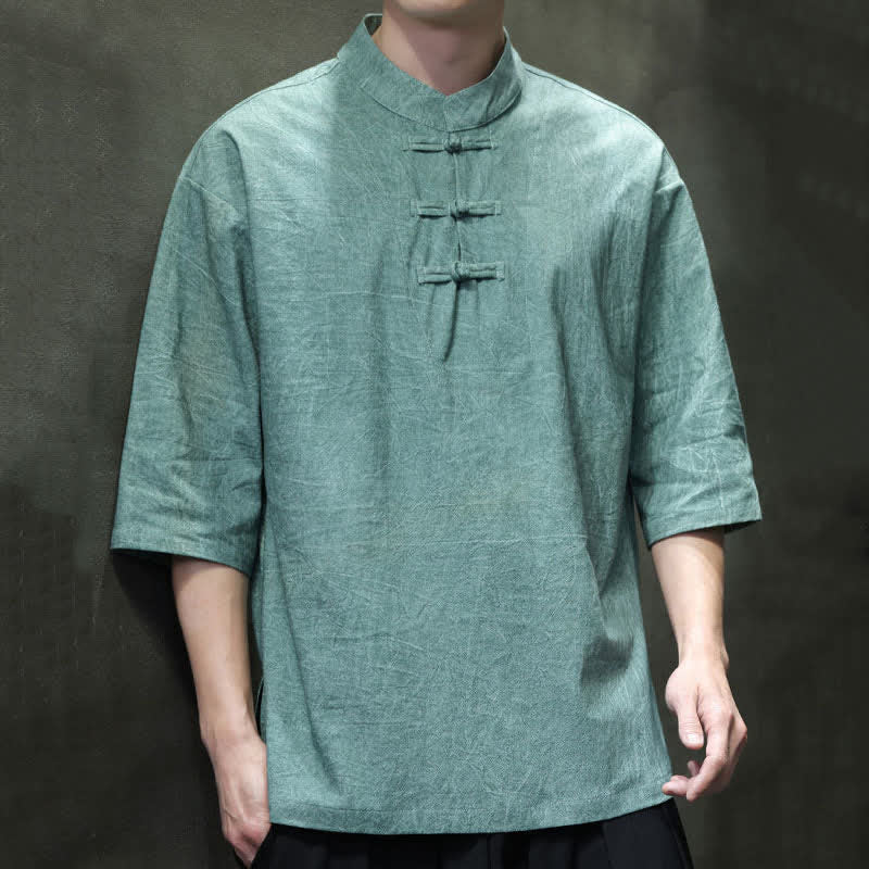 Buddha Stones 夏物唐風 3つボタン 無地 メンズ半袖シャツ - カデットブルー - US/UK/AU46、 EU56 (5XL) - image 0