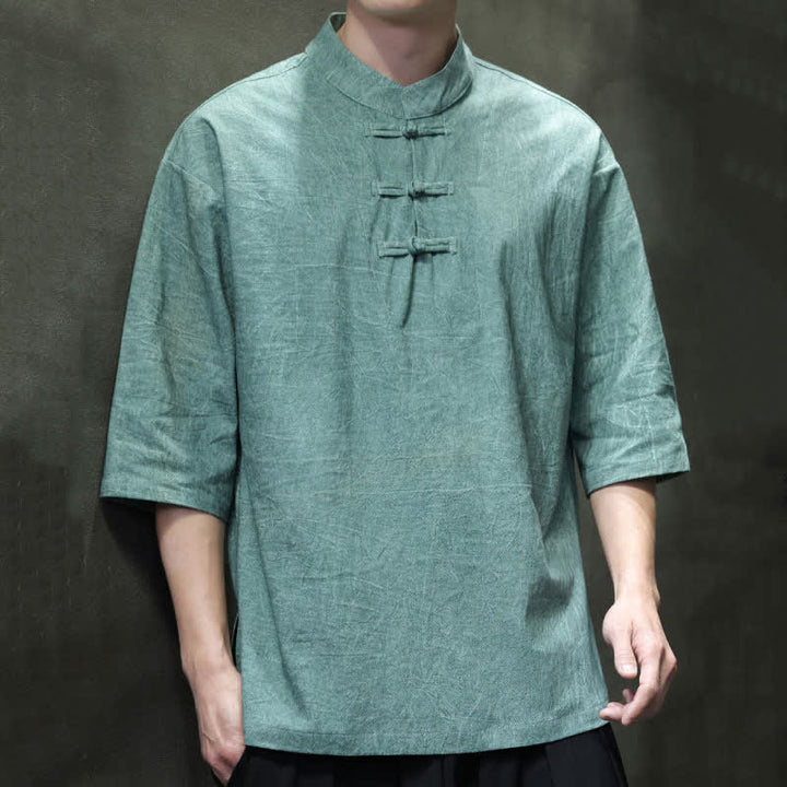 Buddha Stones 夏物唐風 3つボタン 無地 メンズ半袖シャツ - カデットブルー - US/UK/AU46、 EU56 (5XL) - image 0