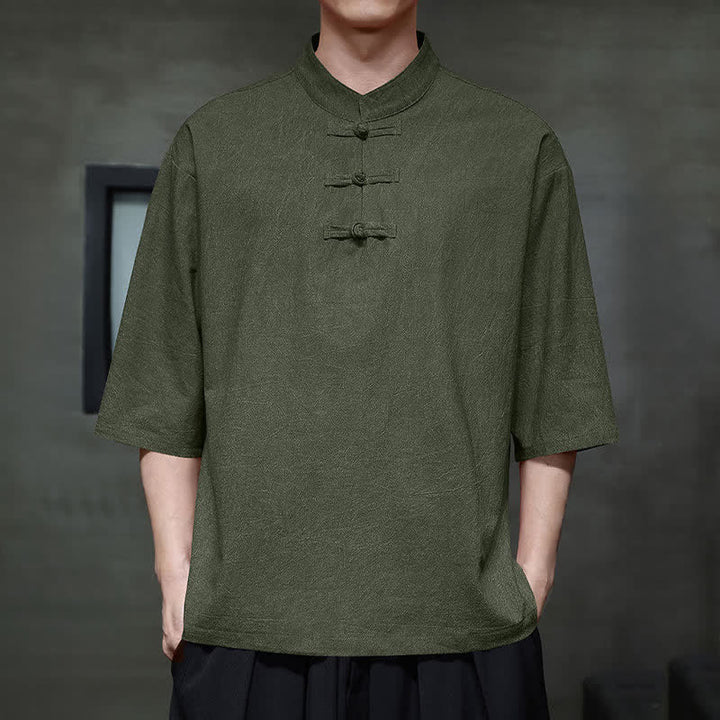 Buddha Stones 夏物唐風 3つボタン 無地 メンズ半袖シャツ - シーグリーン - US/UK/AU46、 EU56 (5XL) - image 13