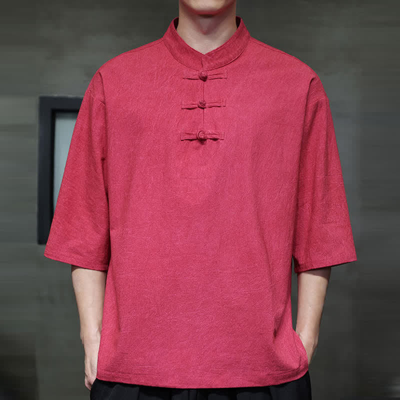 Buddha Stones 夏物唐風 3つボタン 無地 メンズ半袖シャツ - クリムゾン - US/UK/AU46、 EU56 (5XL) - image 19
