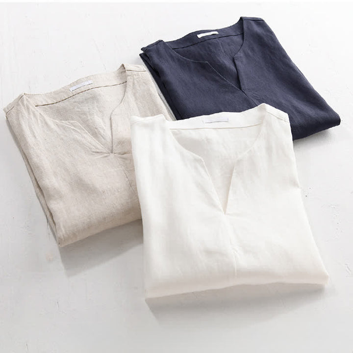 Buddha Stones 夏向けミニマルデザイン無地Vネックメンズ半袖Tシャツ - image 16