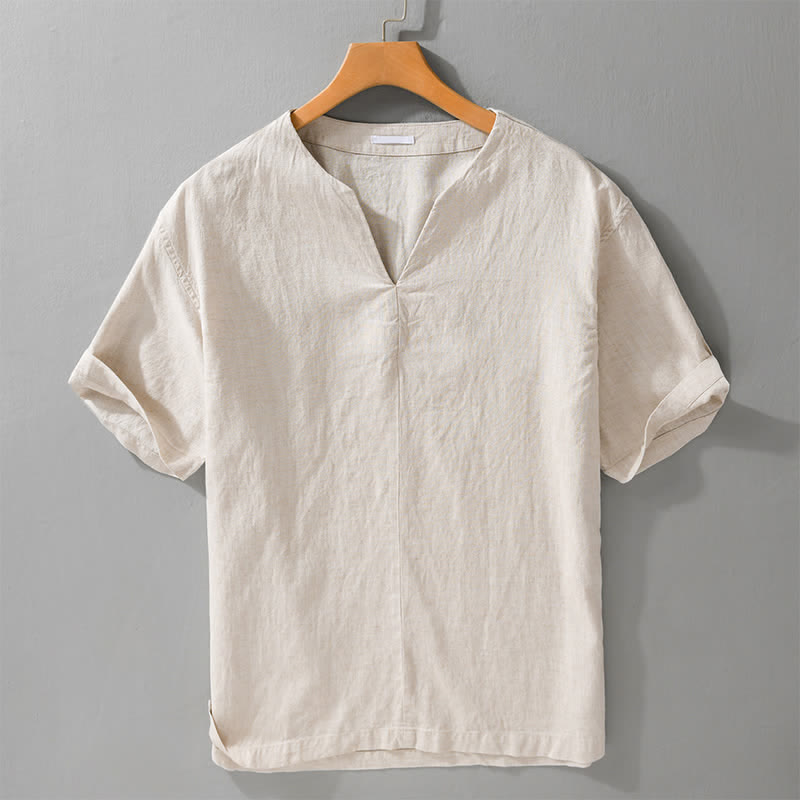 Buddha Stones 夏向けミニマルデザイン無地Vネックメンズ半袖Tシャツ - リネン - US/UK/AU42、 EU52 (3XL) - image 0