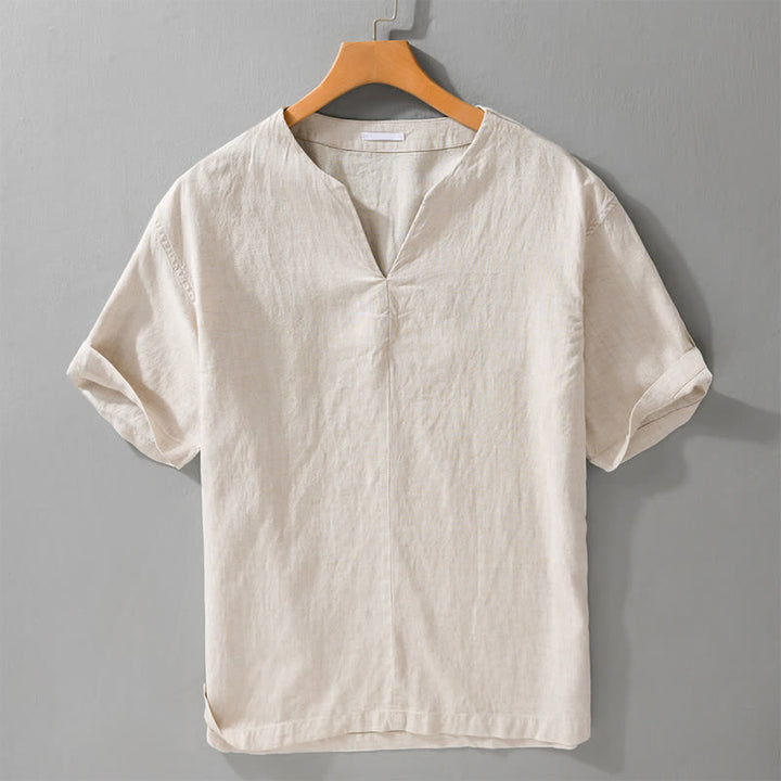 Buddha Stones 夏向けミニマルデザイン無地Vネックメンズ半袖Tシャツ - リネン - US/UK/AU42、 EU52 (3XL) - image 0