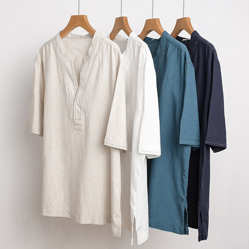 Buddha Stones 夏物カジュアルVネック無地メンズ半袖Tシャツ - image 18