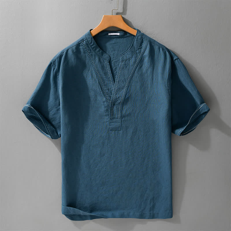 Buddha Stones 夏物カジュアルVネック無地メンズ半袖Tシャツ - スチールブルー - US/UK/AU44、 EU54 (3XL) - image 5