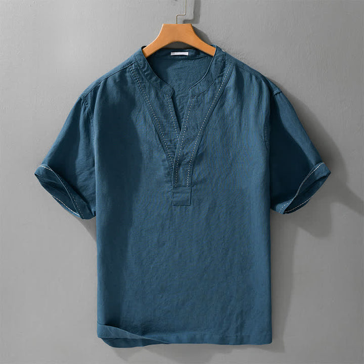 Buddha Stones 夏物カジュアルVネック無地メンズ半袖Tシャツ - スチールブルー - US/UK/AU44、 EU54 (3XL) - image 5
