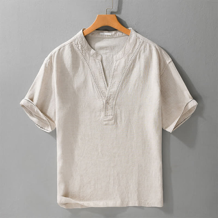 Buddha Stones 夏物カジュアルVネック無地メンズ半袖Tシャツ - リネン - US/UK/AU44、 EU54 (3XL) - image 0