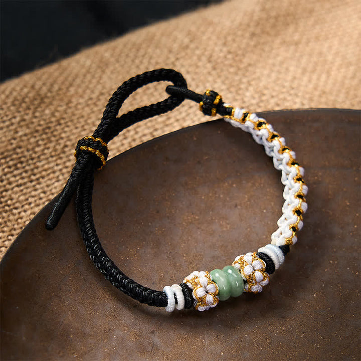 Buddha Stones 手作りの中国風編み込み桃の花と翡翠の幸運を象徴する調節可能なブレスレット - image 10