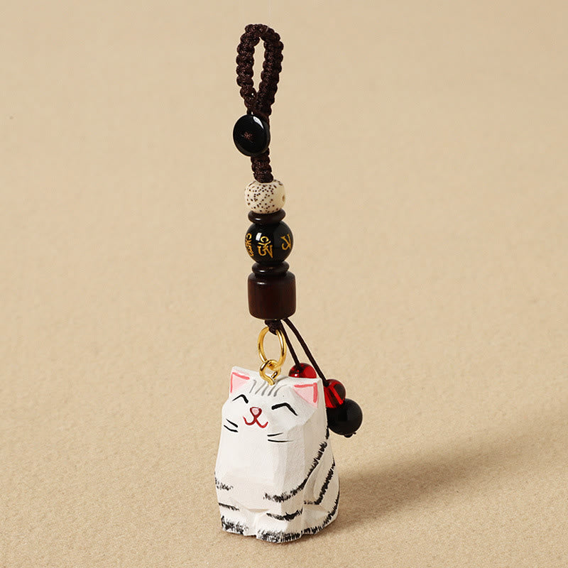 Buddha Stones 手彫りの木製猫オーム・マニ・パドメ・フム平和キーホルダー - シルバー・シェイド・キャット -オーム・マニ・パドメ・フム - 質感のある天然木（穏やかなエネルギー♥シンプルさ） - image 14