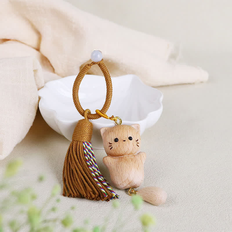 Buddha Stones ブナ材の招き猫ハンドメイドタッセルキーホルダー - オレンジ色の紐 - ブナ材（明晰さ♥安定感をもたらすエネルギー） - image 6