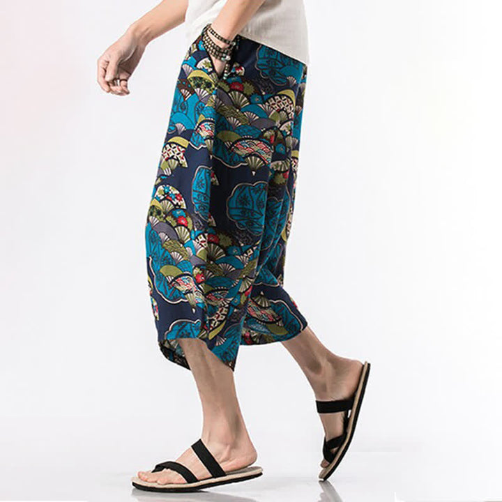 Buddha Stones 夏物 ボヘミアン カジュアル ドローストリング 花柄 コットンリネン カプリパンツ メンズ ハーレムパンツ ポケット付き - image 5