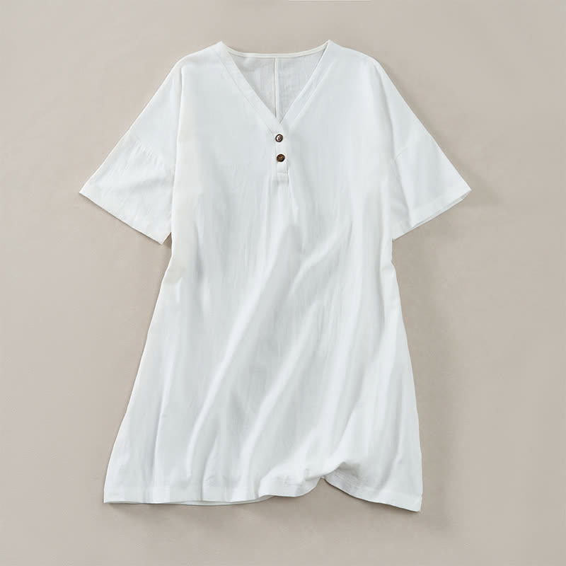 Buddha Stones 夏物カジュアルミニマリストボタンアップ無地レディース半袖ワンピース - 白 - US12、 UK/AU16、 EU44 (2XL) - image 0
