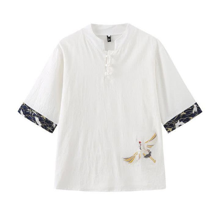 Buddha Stones サマータンスタイル ヴィンテージ カエルボタン 鶴柄 メンズ半袖シャツ - 白 - US/UK/AU46、 EU56 (5XL) - image 2