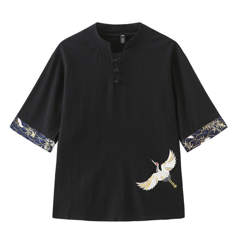 Buddha Stones サマータンスタイル ヴィンテージ カエルボタン 鶴柄 メンズ半袖シャツ - 黒 - US/UK/AU46、 EU56 (5XL) - image 10