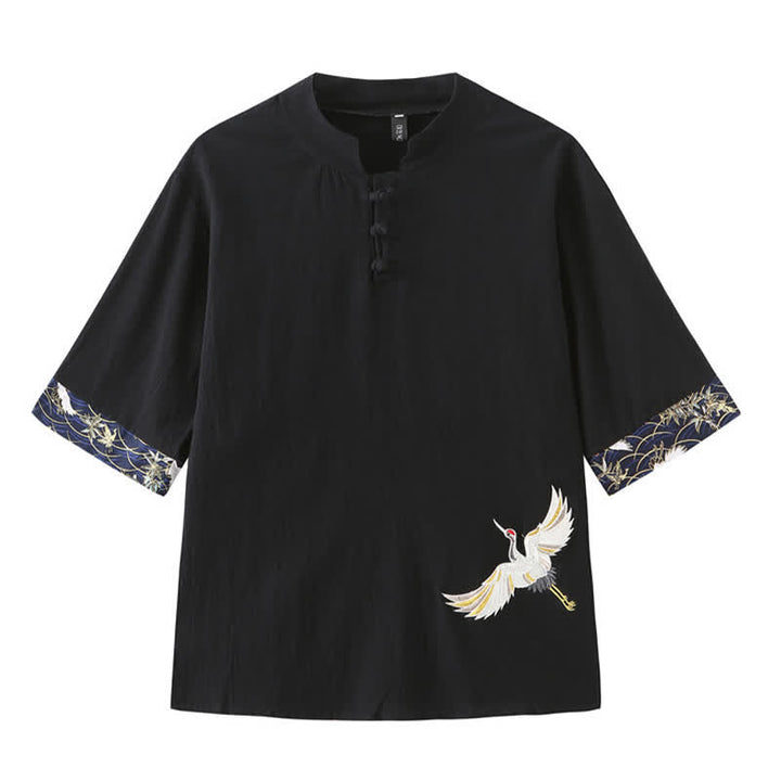 Buddha Stones サマータンスタイル ヴィンテージ カエルボタン 鶴柄 メンズ半袖シャツ - 黒 - US/UK/AU46、 EU56 (5XL) - image 10