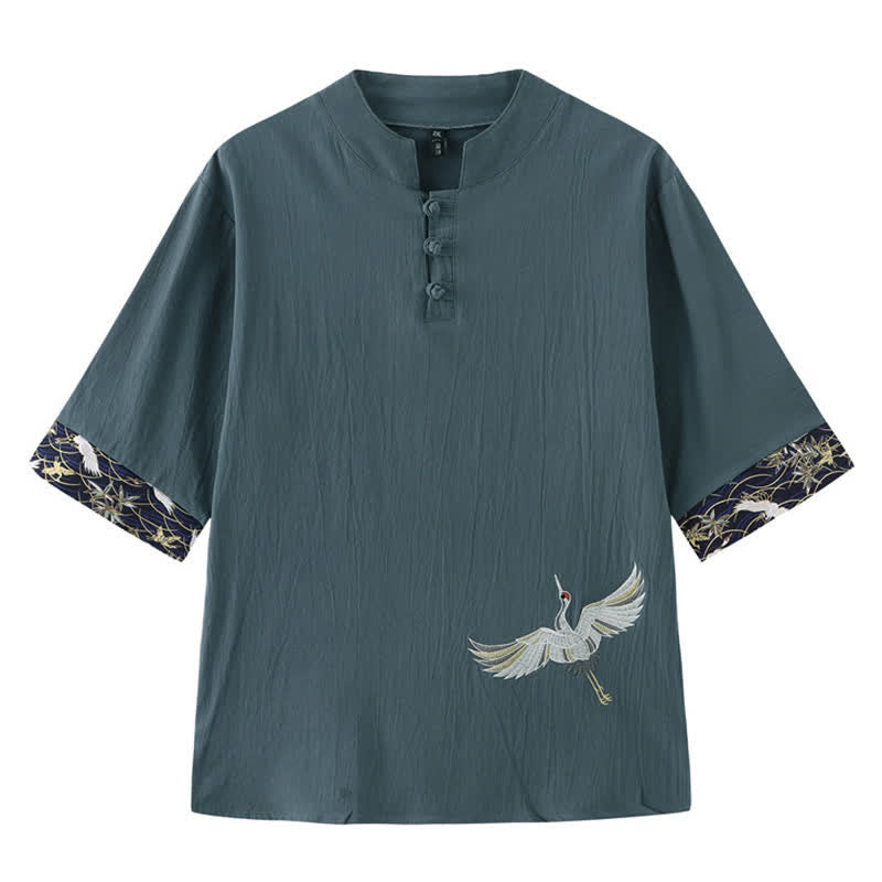 Buddha Stones サマータンスタイル ヴィンテージ カエルボタン 鶴柄 メンズ半袖シャツ - カデットブルー - US/UK/AU46、 EU56 (5XL) - image 0