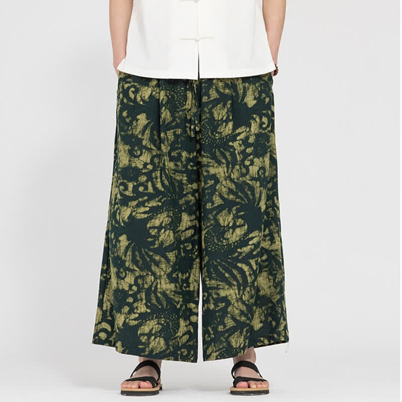 Buddha Stones 夏物 ボヘミアン カジュアル ドローストリング アブストラクト クロップドパンツ メンズ ストレートレッグパンツ ポケット付き - image 1