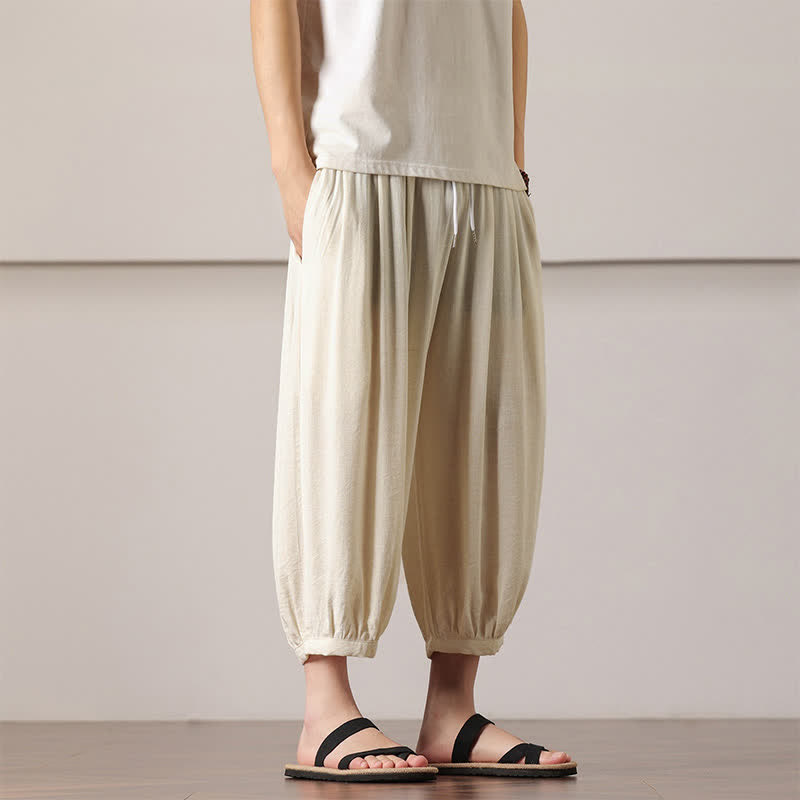 Buddha Stones 夏物カジュアルミニマリストドローストリング無地カプリパンツメンズハーレムパンツポケット付き - image 16