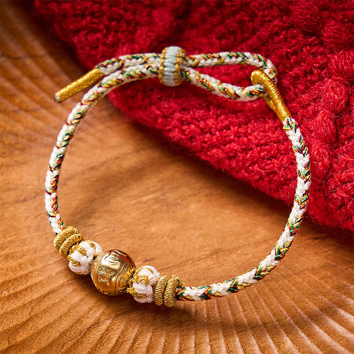 Buddha Stones 白い編み込みロープのオーム・マニ・パドメ・フムの知恵のブレスレット - ホワイトに6つの真実の言葉が書かれたアクセサリー - image 0